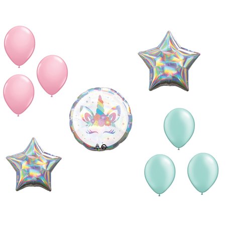 LOONBALLOON Unicorn Theme Balloon Set, Unicorn Party Holographic Balloon, 2x Star foil and 6x latex balloons 86360
